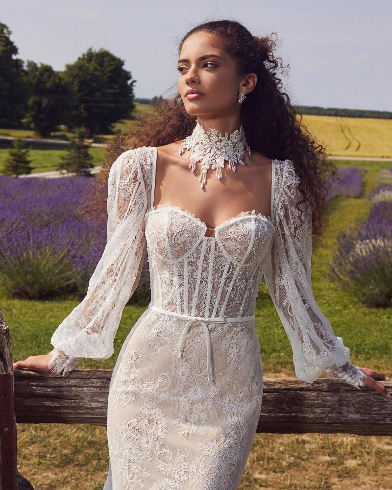 La24126 strapless or long sleeve wedding dress with bow and choker3